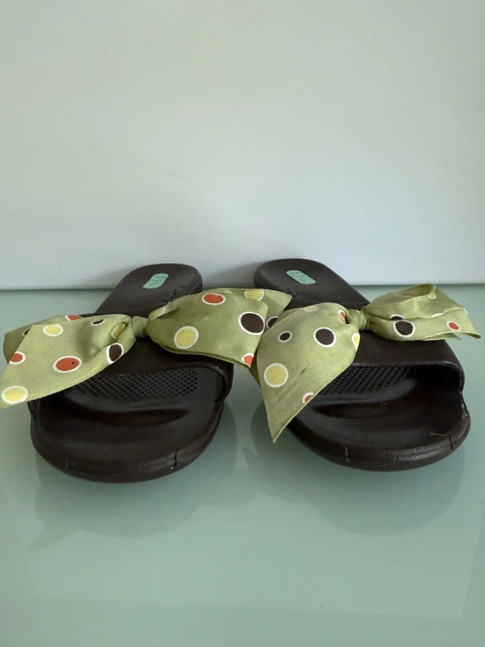 Okabashi Brown Slide Sandals Green Bow Polka Dot Open Toe Slip On Size M